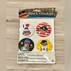 Sock Monkey Buttons 4 Piece Set Pirate Rock Star Hip Hop Rapper Love Pins Sealed